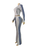Stripe Patchwork Zipper Two Piece Pants Set CH-25067