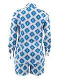 Loose Print Long Sleeve Shirt Two Piece Shorts Set ZDF-31361