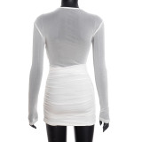 Mesh Patchwork Pleated Long Sleeve Mini Dress GDSF-D25DS524