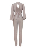 V Neck Backless Lantern Sleeve Tops Tight Pants Suit FENF-6055