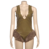 Sleeveless V Neck Plush Patchwork Bodysuit XEF-K25K83444