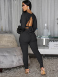 V Neck Backless Lantern Sleeve Tops Tight Pants Suit FENF-6055