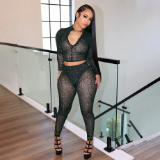 Print Long Sleeve Zipper Tops Tight Two Piece Pants Set GDSF-D25ST495