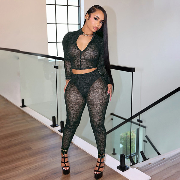 Print Long Sleeve Zipper Tops Tight Two Piece Pants Set GDSF-D25ST495