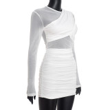 Mesh Patchwork Pleated Long Sleeve Mini Dress GDSF-D25DS524