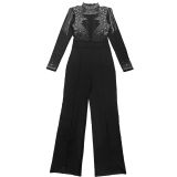 Mesh Hot Drill Long Sleeve Jumpsuit BY-7579