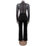 Mesh Hot Drill Long Sleeve Jumpsuit BY-7579