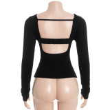 Long Sleeve Solid Color Backless Tops GAXB-D501TP