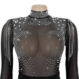 Mesh Hot Drill Long Sleeve Jumpsuit BY-7579
