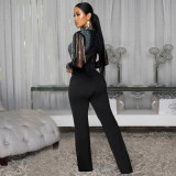 Mesh Hot Drill Long Sleeve Jumpsuit BY-7579