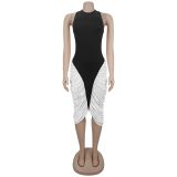 Backless Pleated Contrast Color Midi  Dress BY-7583