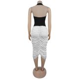 Backless Pleated Contrast Color Midi  Dress BY-7583