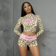 Leopard Letter Print Long Sleeve Tops Two Piece Shorts Set GPKJ-MJS45786
