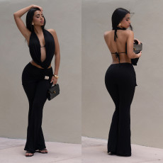 Solid Color Backless Two Piece Pants Set BY-7589