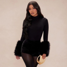 Furrzy Patchwork Sleeve Solid Color Bodysuit GDSF-J25BS341