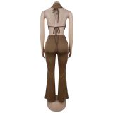 Solid Color Backless Two Piece Pants Set BY-7589
