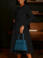 Plus Size Solid Color Flower Big Swing Midi Dress BGN-365