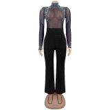 Mesh Hot Drill Long Sleeve Jumpsuit BY-7579