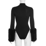 Furrzy Patchwork Sleeve Solid Color Bodysuit GDSF-J25BS341