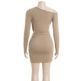 Solid Color Slash Shoulder Lace Up Mini Dress GAXB-D377DS