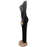 Mesh Hot Drill Long Sleeve Jumpsuit BY-7579