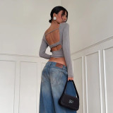 Long Sleeve Solid Color Backless Tops GAXB-D501TP