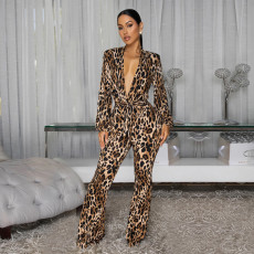 Leopard Print V Neck Jumpsuit BY-7586