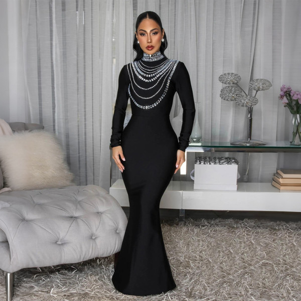 Hot Drill High Collar Maxi Dress CYA-902057