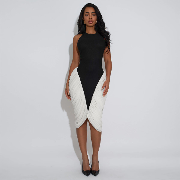 Backless Pleated Contrast Color Midi  Dress BY-7583