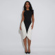 Backless Pleated Contrast Color Midi  Dress BY-7583