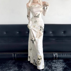Off Shoulder Long Sleeve Butterfly Print Maxi Dress GAXB-W409DS