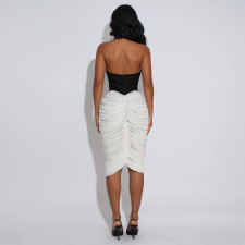 Backless Pleated Contrast Color Midi  Dress BY-7583