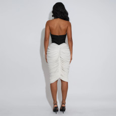 Backless Pleated Contrast Color Midi  Dress BY-7583