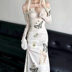 Off Shoulder Long Sleeve Butterfly Print Maxi Dress GAXB-W409DS