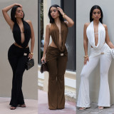 Solid Color Backless Two Piece Pants Set BY-7589