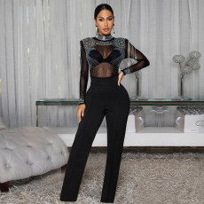 Mesh Hot Drill Long Sleeve Jumpsuit BY-7579