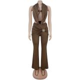 Solid Color Backless Two Piece Pants Set BY-7589