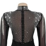 Mesh Hot Drill Long Sleeve Jumpsuit BY-7579