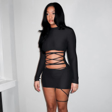 Solid Color Long Sleeve Bandage Dress GDSF-D25DS527