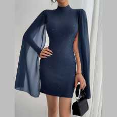 Round-Neck Pearl Cape Midi Dress GYSM-0023