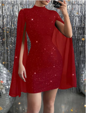 Round-Neck Pearl Cape Midi Dress GYSM-0023