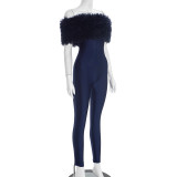 One Shoulder Furzzy Neck Patchwork Jumpsuit  MXBF-Y25JP469