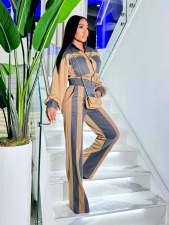 Denim Patchwork Contrast Color Two Piece Pants Set TE-4742