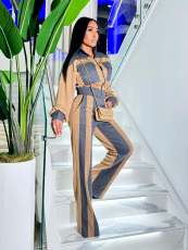 Denim Patchwork Contrast Color Two Piece Pants Set TE-4742