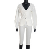Solid Color V Neck Blazer Seven-Tenths Pants Two Piece Set GDSF-J25ST394
