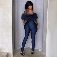 One Shoulder Furzzy Neck Patchwork Jumpsuit  MXBF-Y25JP469