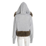 Patchwork Furzzy Neck Hooded Cardigan GDSF-J25TP395