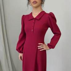 Single Breasted Solid Color Lantern Sleeve Long Dress GZJF-10192