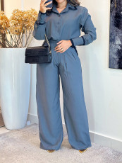 Long Sleeve Solid Color Shirt Two Piece Pants Set OMY-12011