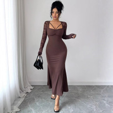 Patchwork Lace Long Sleeve Ruched Long Dress GZJF-10193